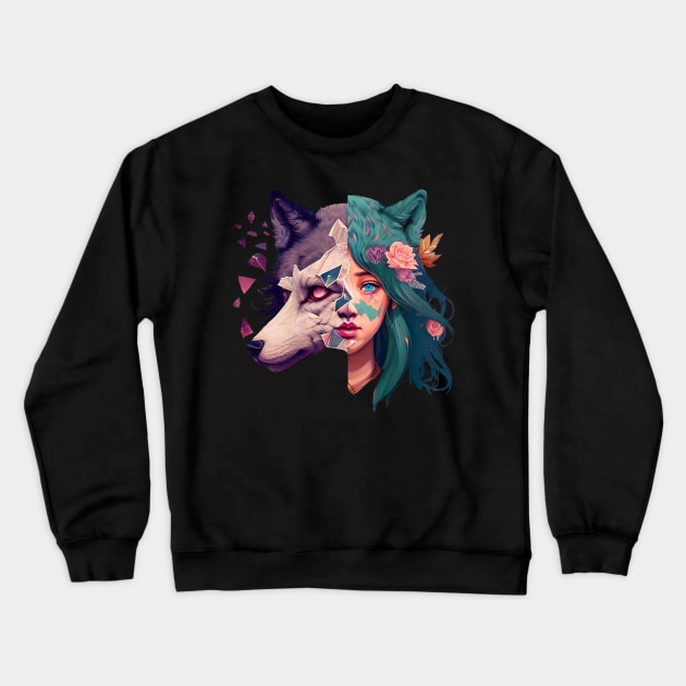 Half Wolf Crewneck Sweatshirt by Rainbowbeast